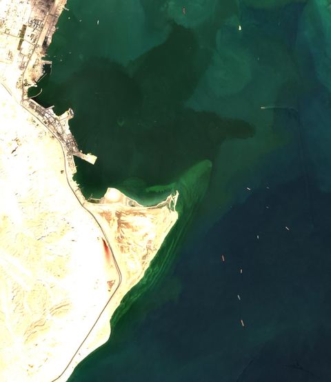 Sentinel-2 crop of Suez southern anchorage at 29.87°N 32.51°E, captured 26 Sept 2026