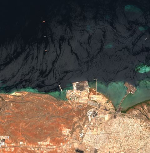 Sentinel-2 crop of Djibouti anchorage at 11.61°N 43.06°E, captured 28 Sept 2026