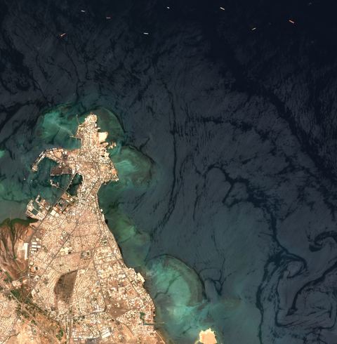 Sentinel-2 crop of Djibouti anchorage at 11.61°N 43.17°E, captured 28 Sept 2026