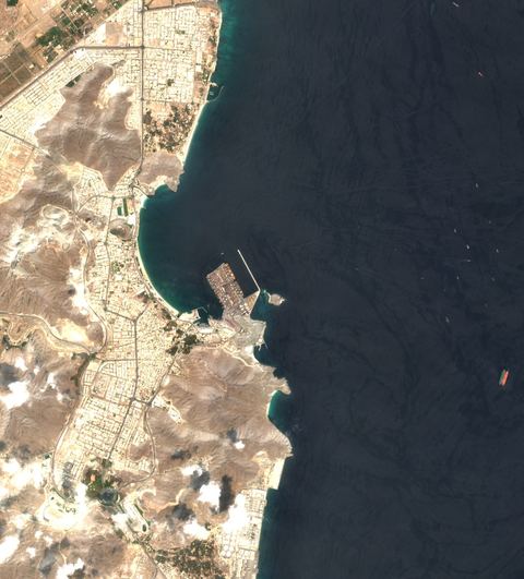 Sentinel-2 crop of Khor Fakkan approaches at 25.36°N 56.38°E, captured 29 Sept 2026