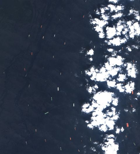 Sentinel-2 crop of Fujairah anchorage at 25.25°N 56.48°E, captured 29 Sept 2026