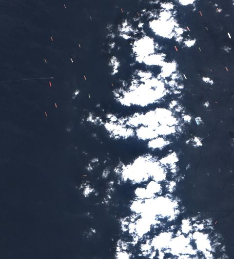 Sentinel-2 crop of Fujairah anchorage at 25.13°N 56.48°E, captured 29 Sept 2026